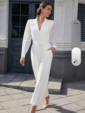 Welove Fashion White Sheer‑Sleeve Belted Jumpsuit – Size Small